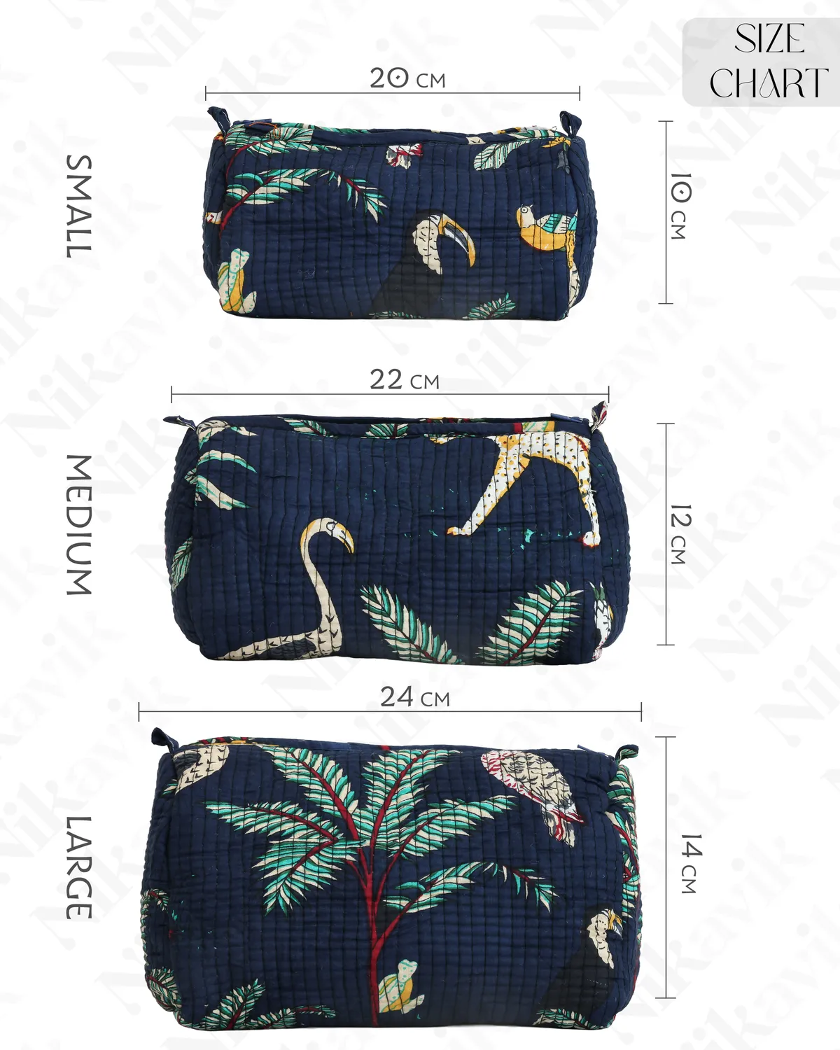 Navy Blue Cotton Printed Quilted Cosmetic Pouch Set For Unisex (Set Of 3) - Image 3