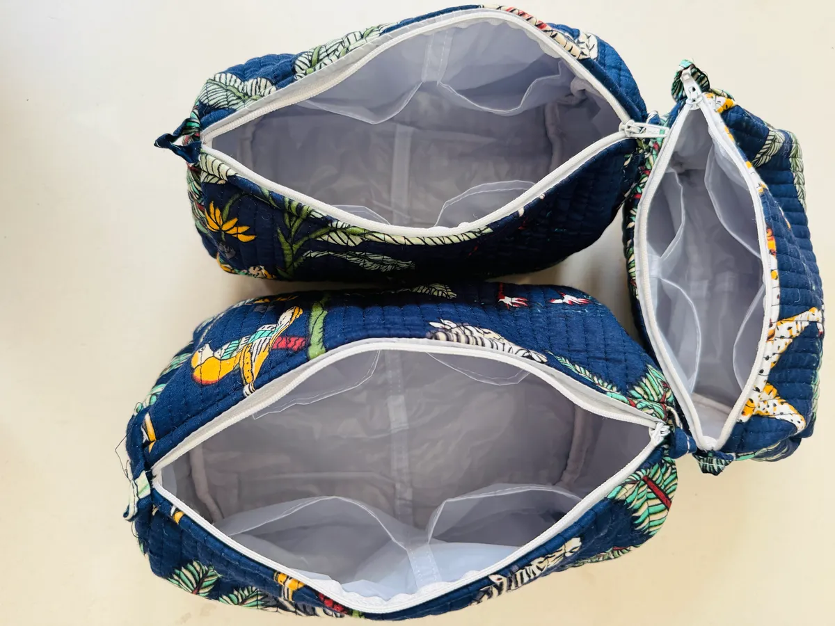 Navy Blue Cotton Printed Quilted Cosmetic Pouch Set For Unisex (Set Of 3) - Image 5