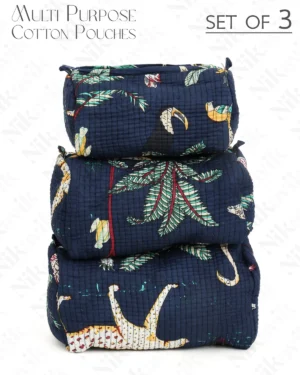 Alternative view of Navy Blue Cotton  Printed Quilted Cosmetic Pouch Set For Unisex (Set Of 3)