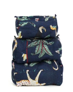 Navy Blue Cotton  Printed Quilted Cosmetic Pouch Set For Unisex (Set Of 3)