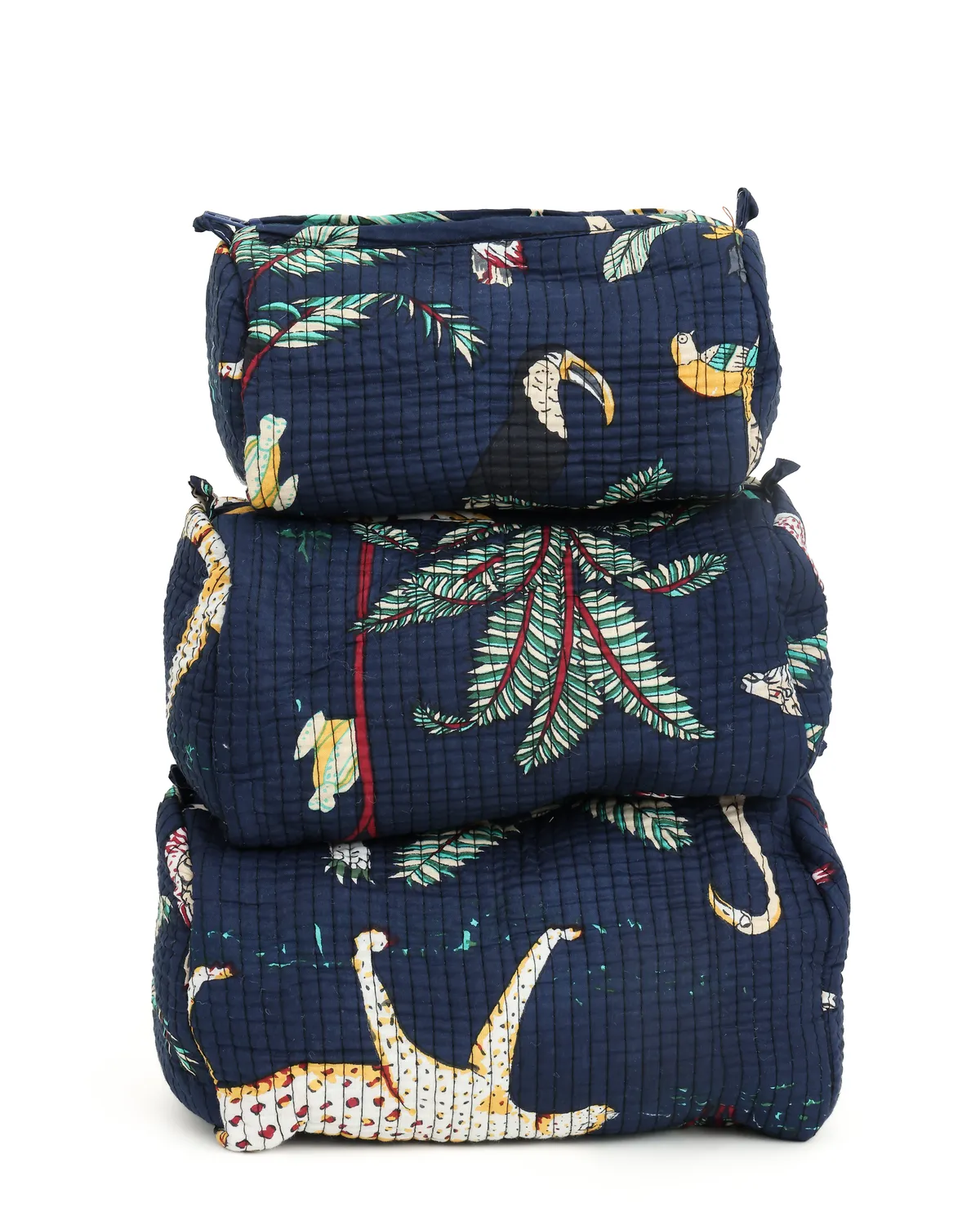 Navy Blue Cotton Printed Quilted Cosmetic Pouch Set For Unisex (Set Of 3)