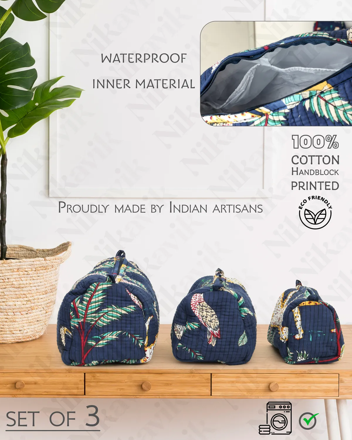 Navy Blue Cotton Printed Quilted Cosmetic Pouch Set For Unisex (Set Of 3) - Image 4