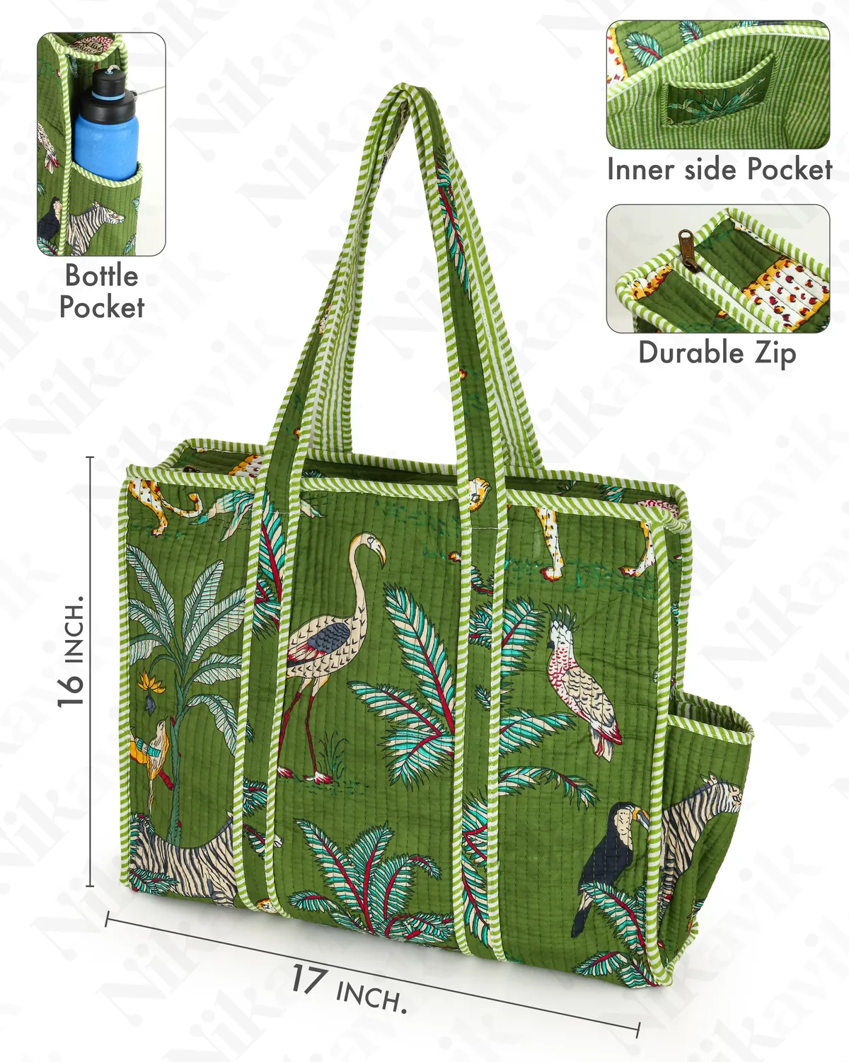 Green Cotton Premium & Elegant Hand Block Print Quilted Tote Bag With 3 Pouches Set For Women (Set Of 4) - Image 4