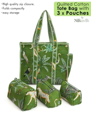 Alternative view of Green Cotton Premium & Elegant Hand Block Print Quilted Tote Bag With 3 Pouches Set For Women (Set Of 4)