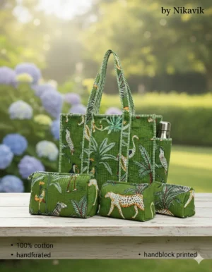 Green Cotton Premium & Elegant Hand Block Print Quilted Tote Bag With 3 Pouches Set For Women (Set Of 4)