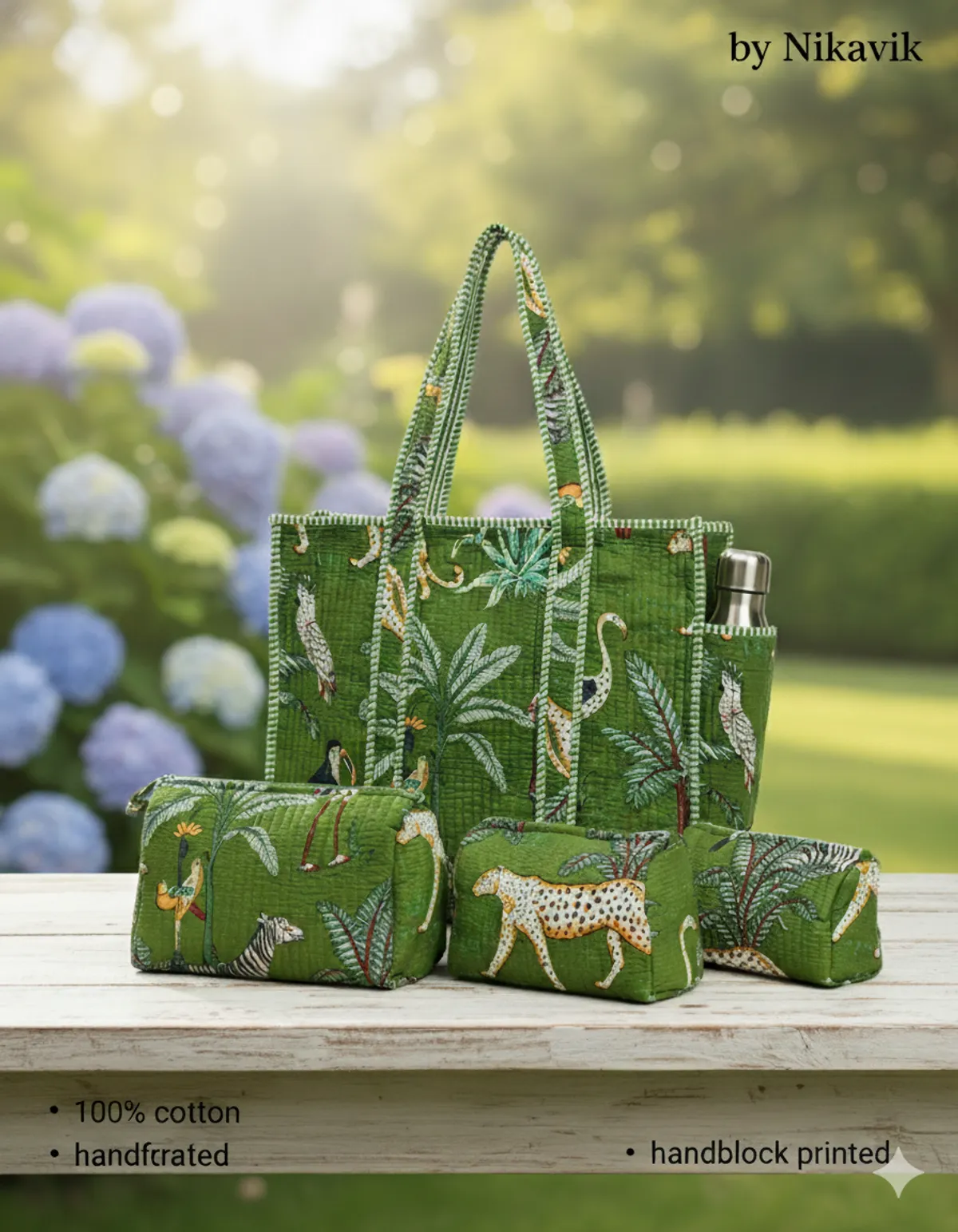 Green Cotton Premium & Elegant Hand Block Print Quilted Tote Bag With 3 Pouches Set For Women (Set Of 4)