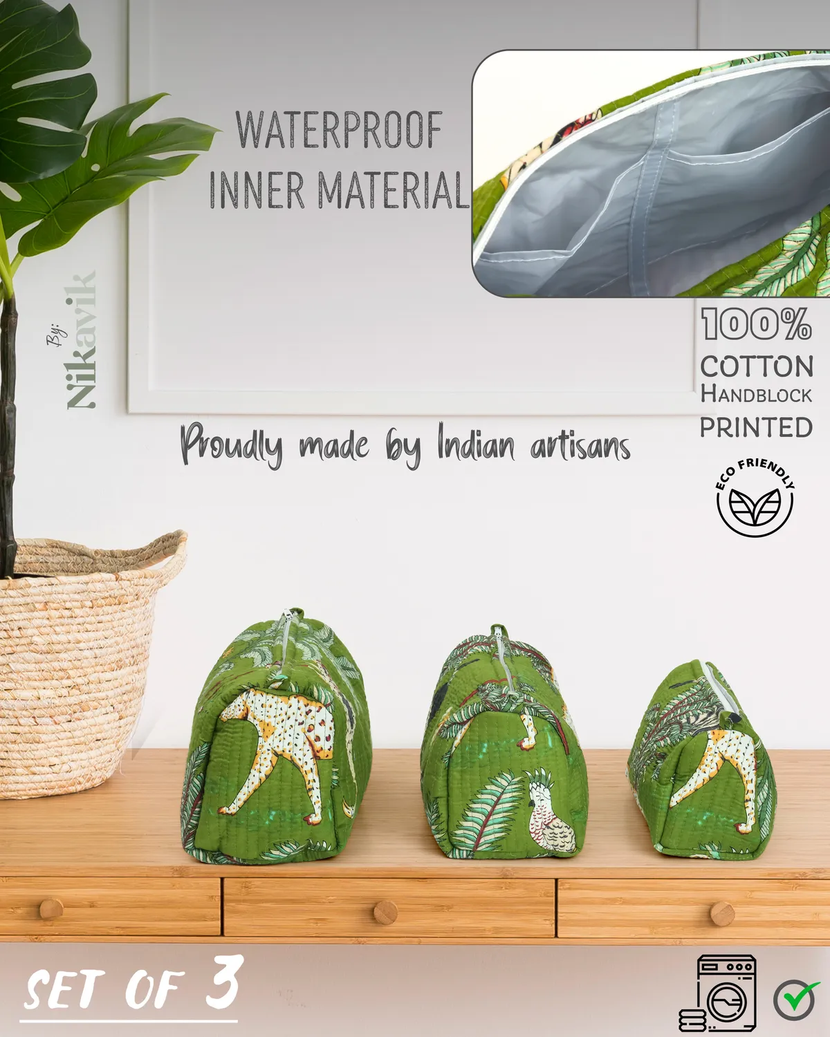 Green Cotton Premium & Elegant Hand Block Print Quilted Tote Bag With 3 Pouches Set For Women (Set Of 4) - Image 5