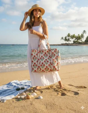 Alternative view of White Red Cotton Premium & Elegant Exotic Mughal Butta Floral Print Quilted Tote Bag For Women