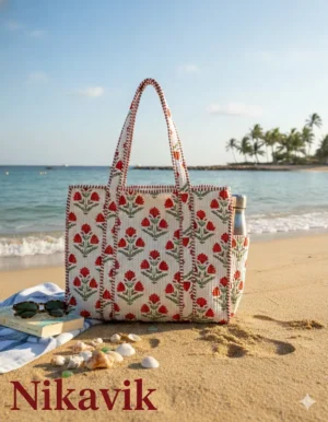 White Red Cotton Premium & Elegant Exotic Mughal Butta Floral Print Quilted Tote Bag For Women