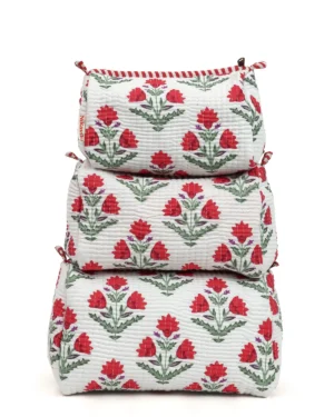 White Red Cotton Premium & Elegant Printed Quilted Cosmetic Pouch Set For Unisex (Set Of 3)