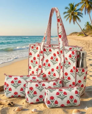 White Red  Cotton Premium & Elegant Hand Block Print Quilted Tote Bag With 3 Pouches Set For Women (Set Of 4)