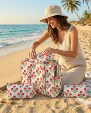 Alternative view of White Red  Cotton Premium & Elegant Hand Block Print Quilted Tote Bag With 3 Pouches Set For Women (Set Of 4)