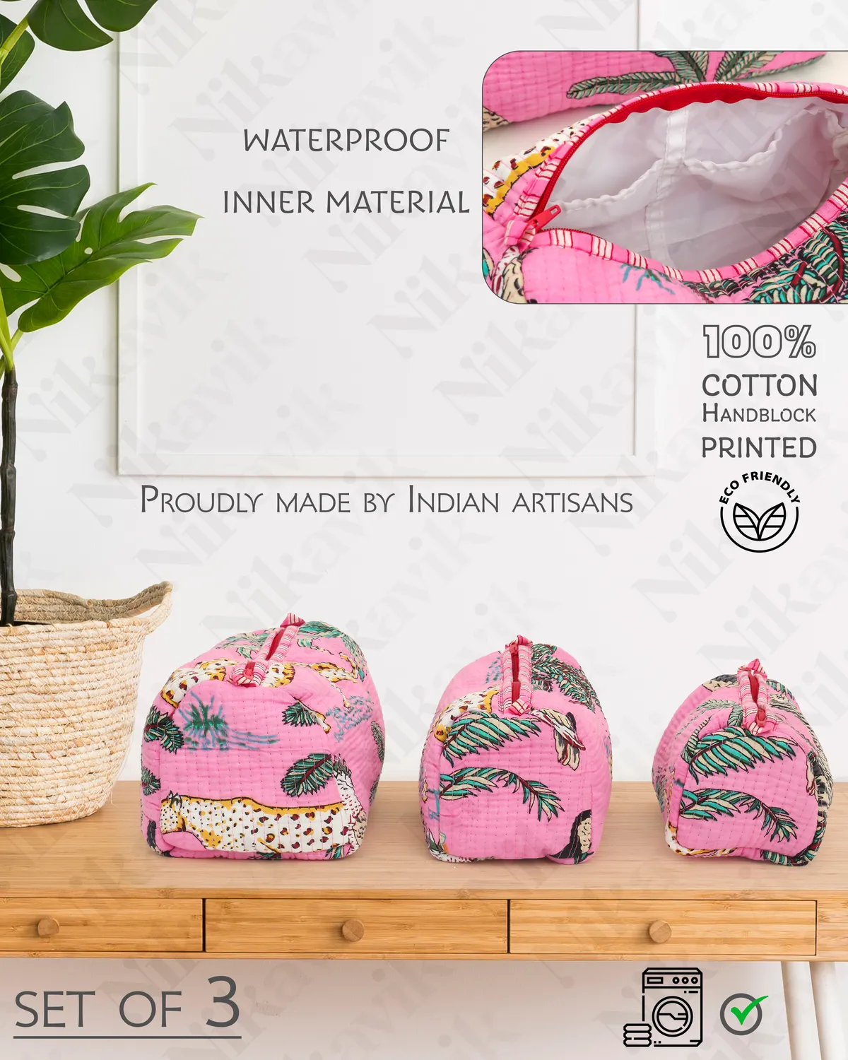 Light Pink Cotton Premium & Elegant Printed Quilted Cosmetic Pouch Set For Unisex (Set Of 3) - Image 2