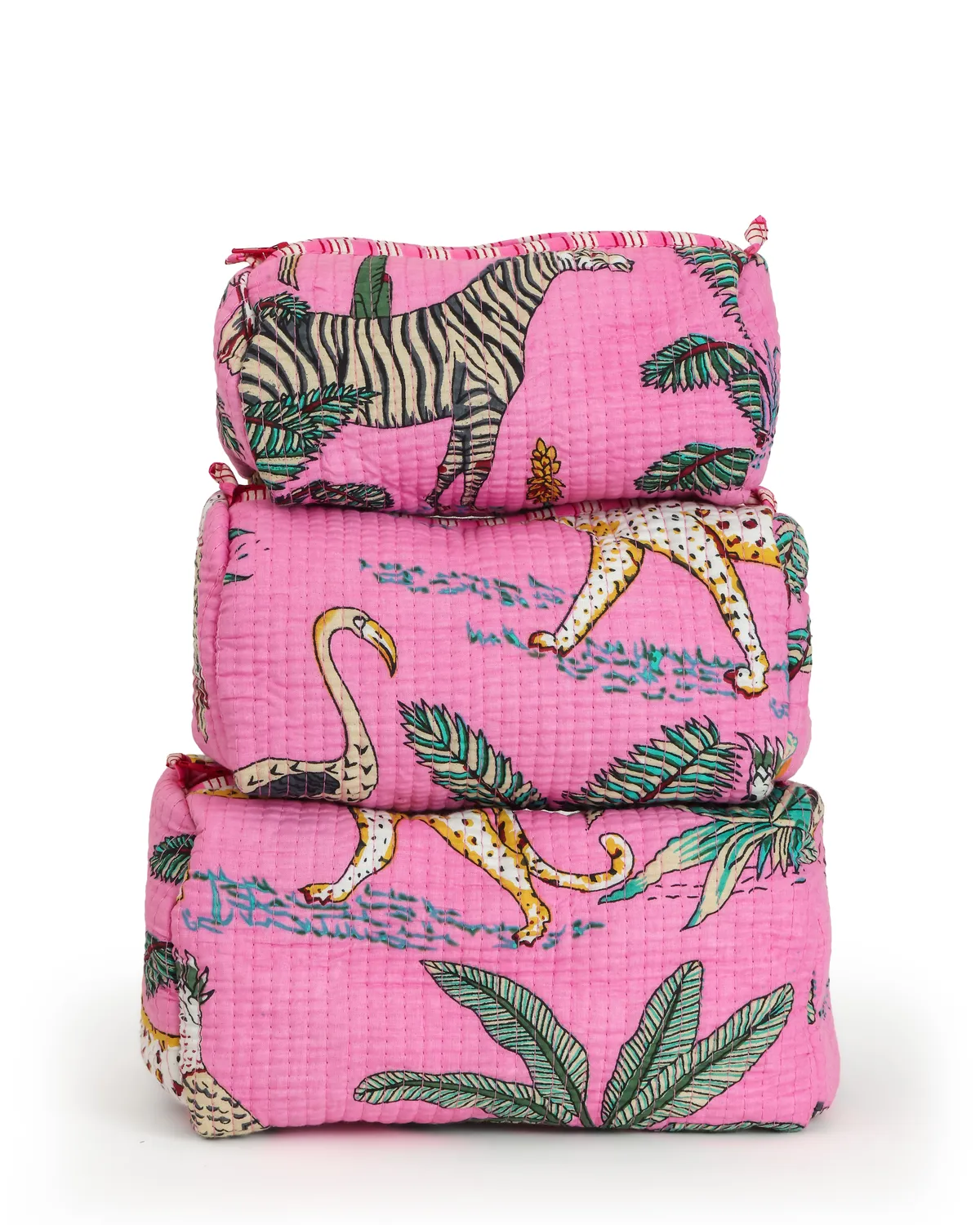 Light Pink Cotton Premium & Elegant Printed Quilted Cosmetic Pouch Set For Unisex (Set Of 3) - Image 3