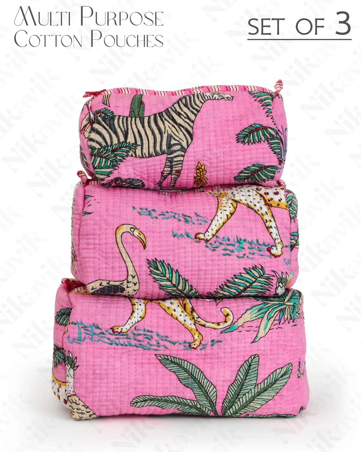 Light Pink Cotton Premium & Elegant Printed Quilted Cosmetic Pouch Set For Unisex (Set Of 3)