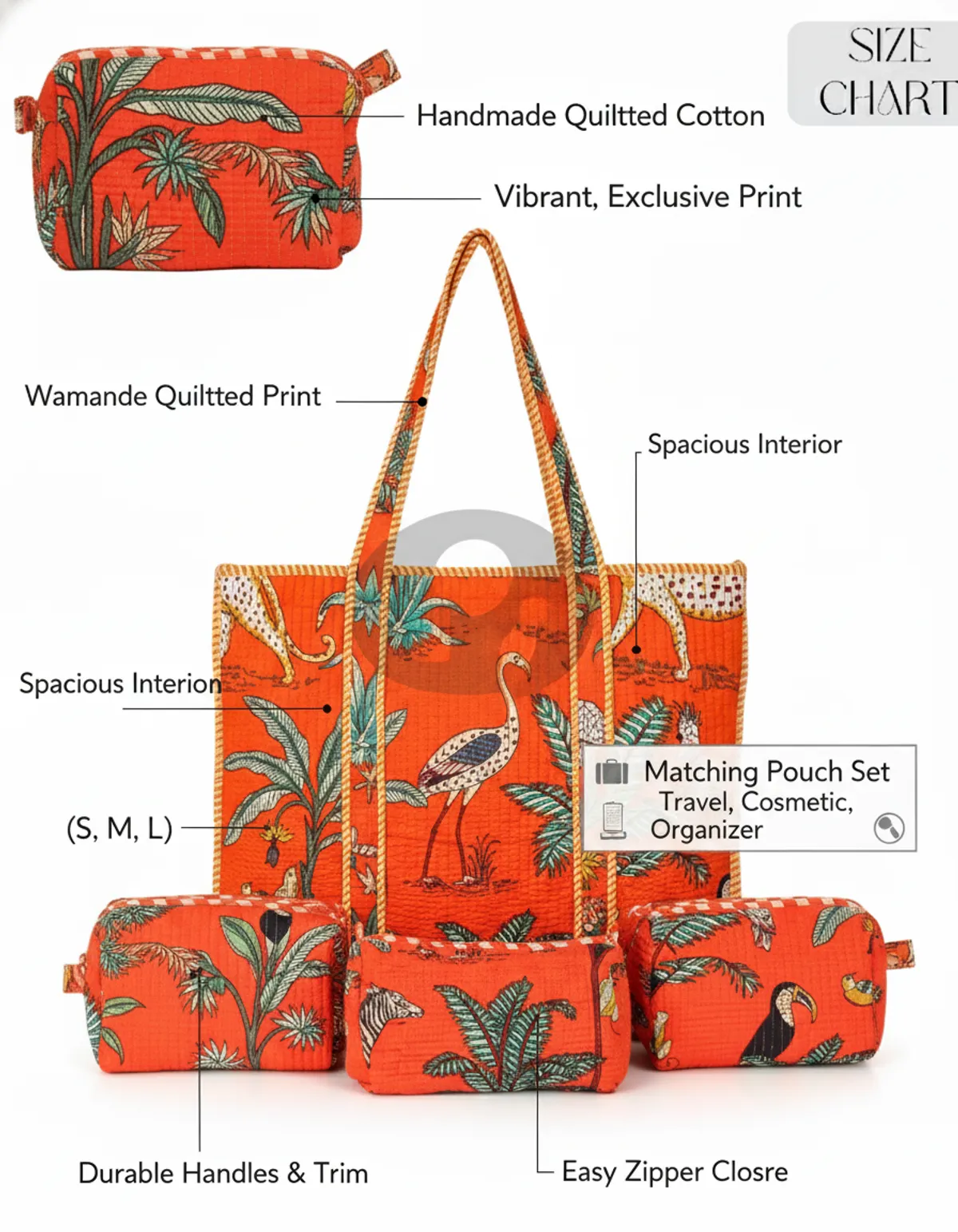 Orange Cotton Premium & Elegant Hand Block Print Quilted Tote Bag With 3 Pouches Set For Women (Set Of 4) - Image 3