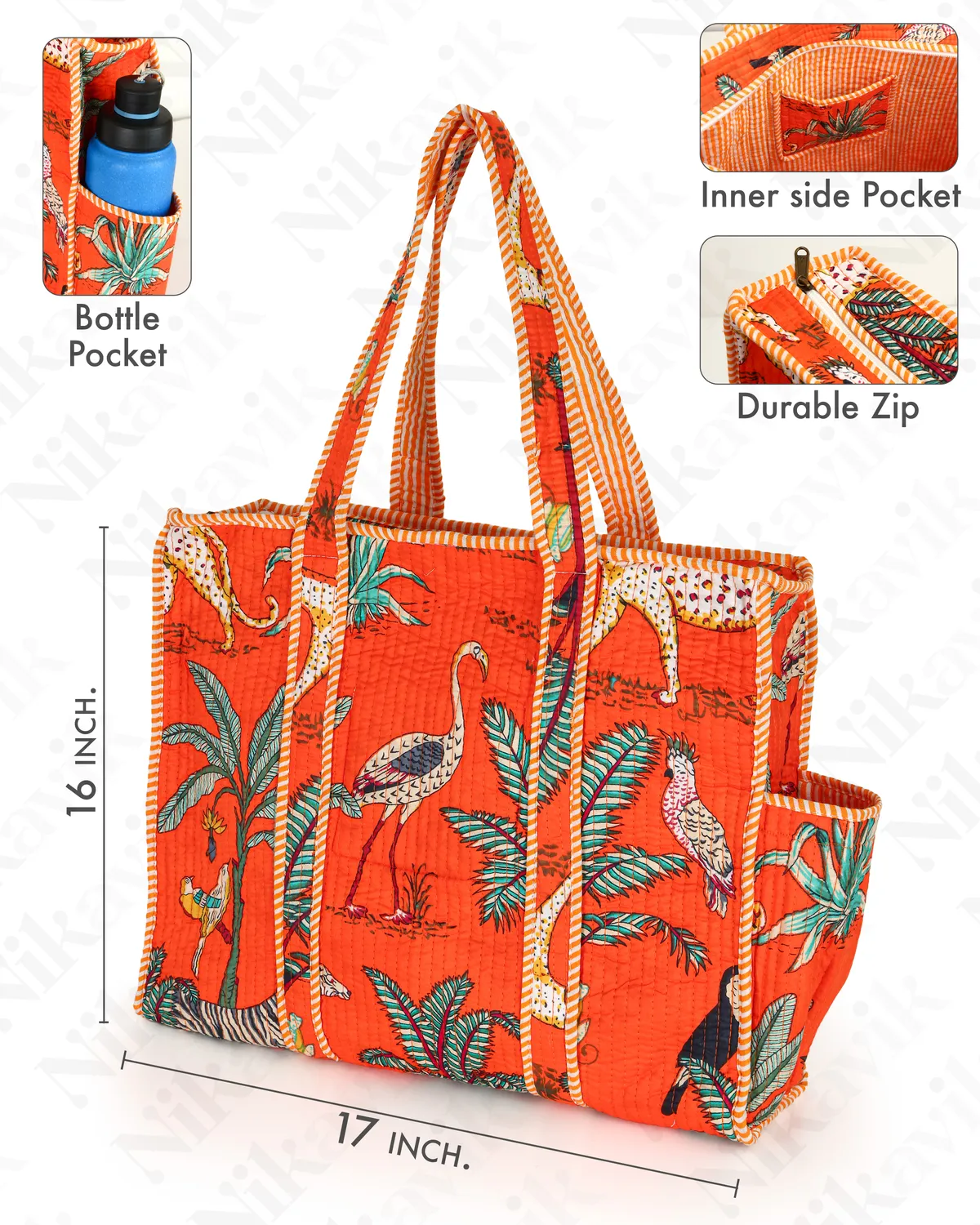 Orange Cotton Premium & Elegant Hand Block Print Quilted Tote Bag With 3 Pouches Set For Women (Set Of 4) - Image 5