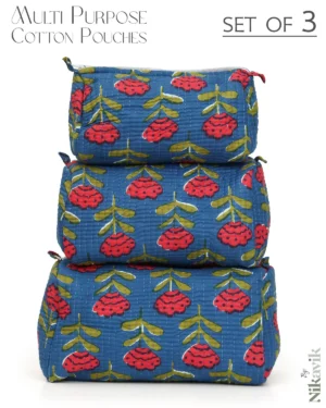 Blue Red Cotton Premium & Elegant Printed Quilted Cosmetic Pouch Set For Un