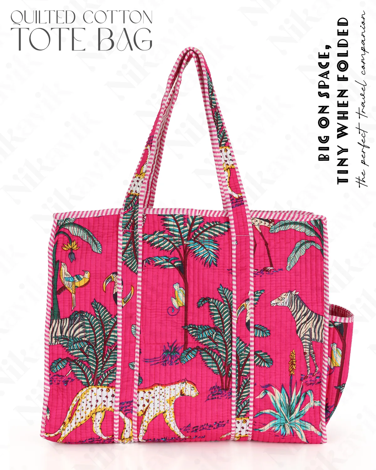 Dark Pink Cotton Premium & Elegant Exotic Animal Print Quilted Tote Bag For Women