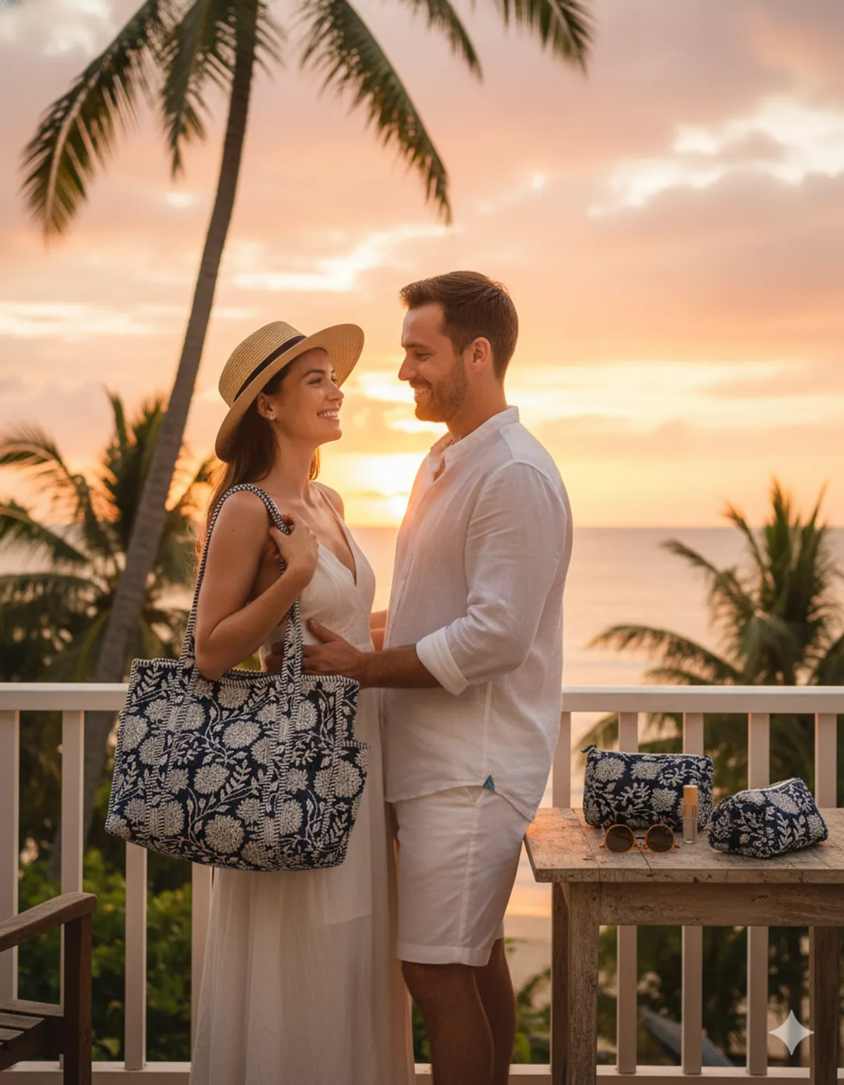 Navy Blue White Cotton Premium & Elegant Hand Block Print Quilted Tote Bag With 3 Pouches Set For Women (Set Of 4) - Image 3