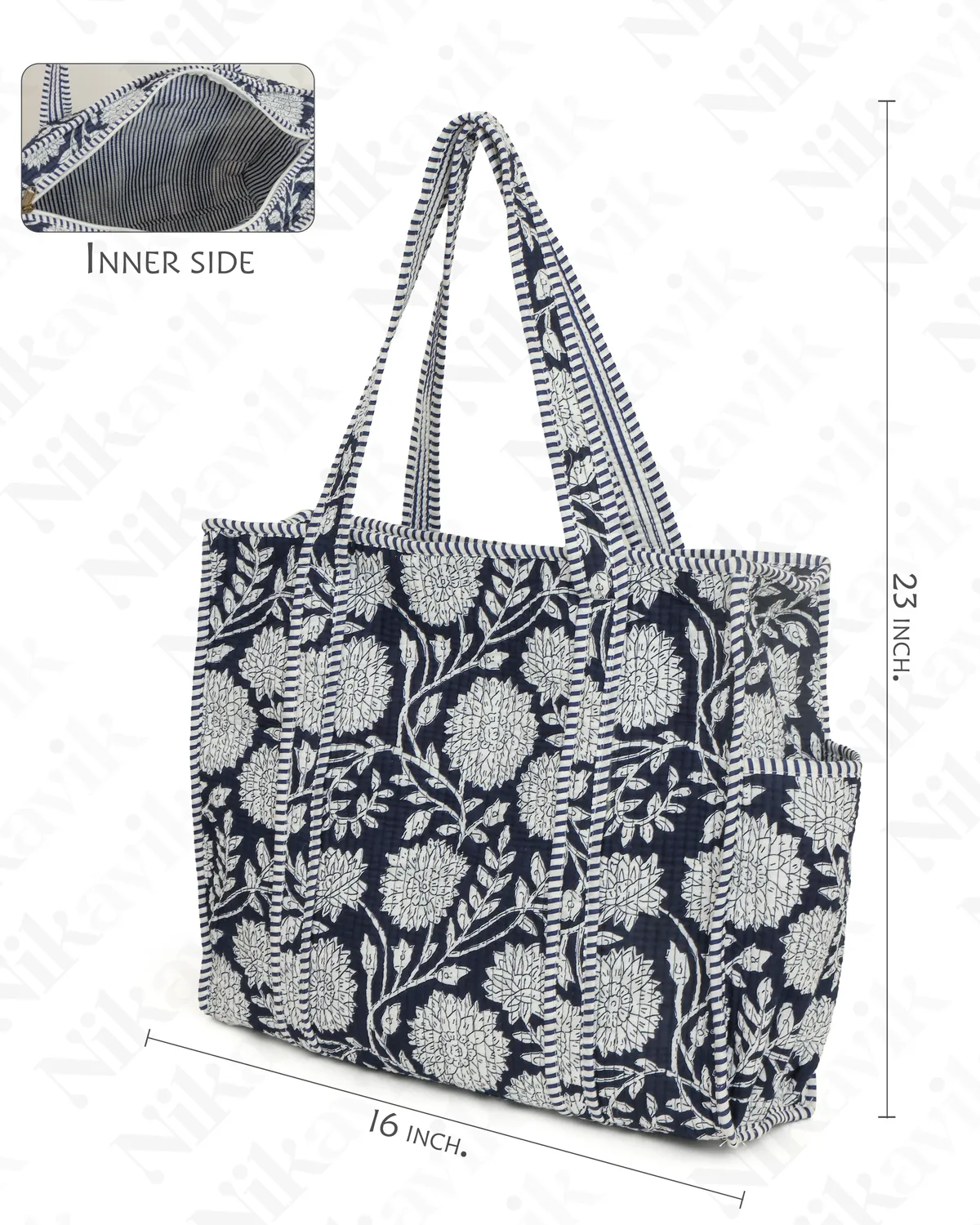 Navy Blue White Cotton Premium & Elegant Hand Block Print Quilted Tote Bag With 3 Pouches Set For Women (Set Of 4) - Image 6