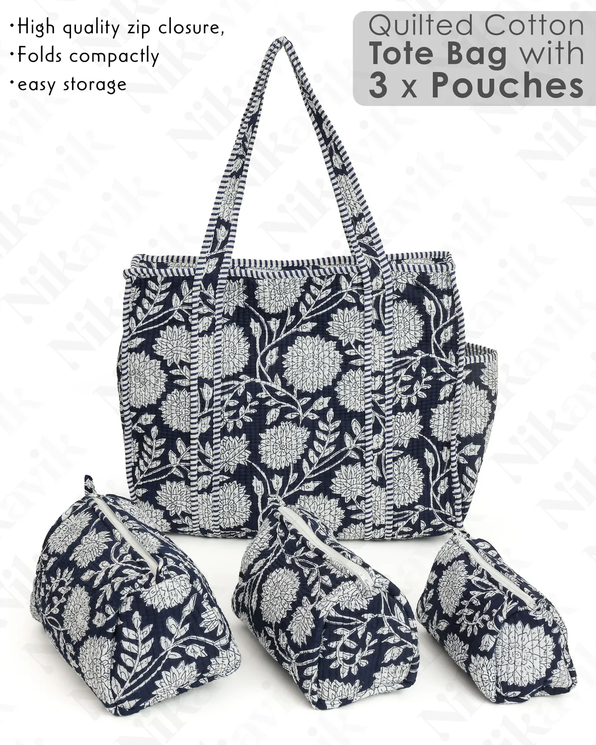 Navy Blue White Cotton Premium & Elegant Hand Block Print Quilted Tote Bag With 3 Pouches Set For Women (Set Of 4) - Image 2