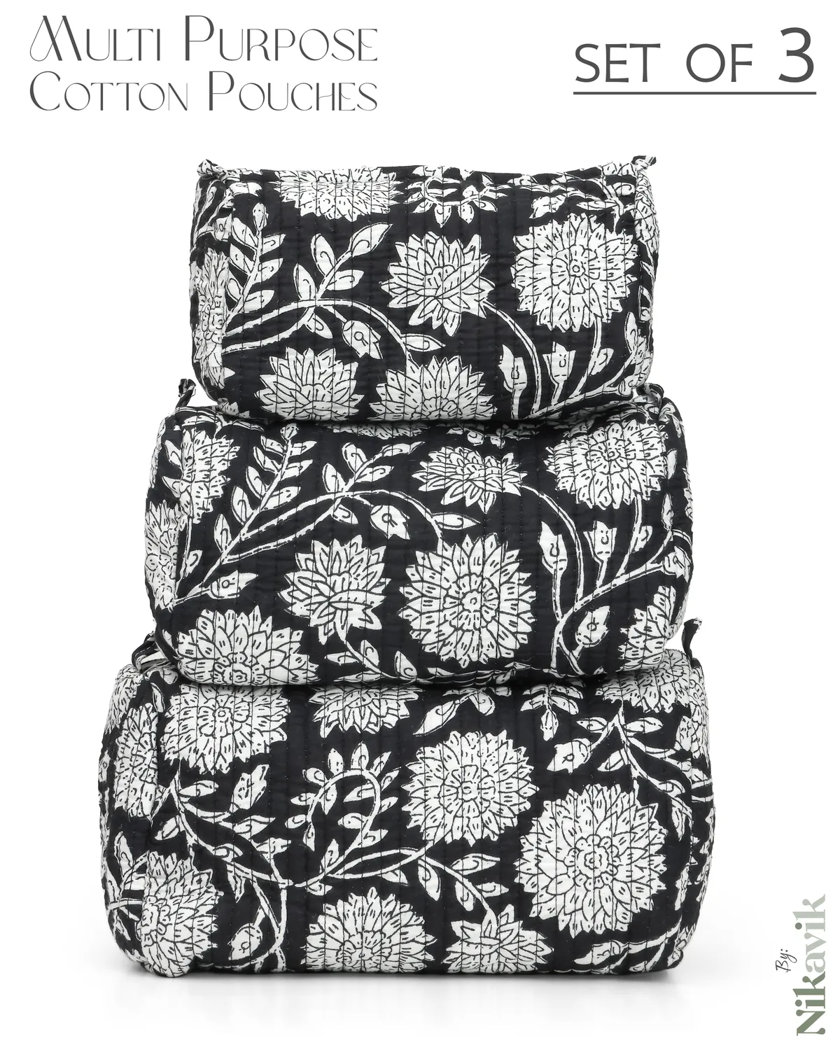 Navy Blue White Cotton Premium & Elegant Hand Block Print Quilted Tote Bag With 3 Pouches Set For Women (Set Of 4) - Image 7