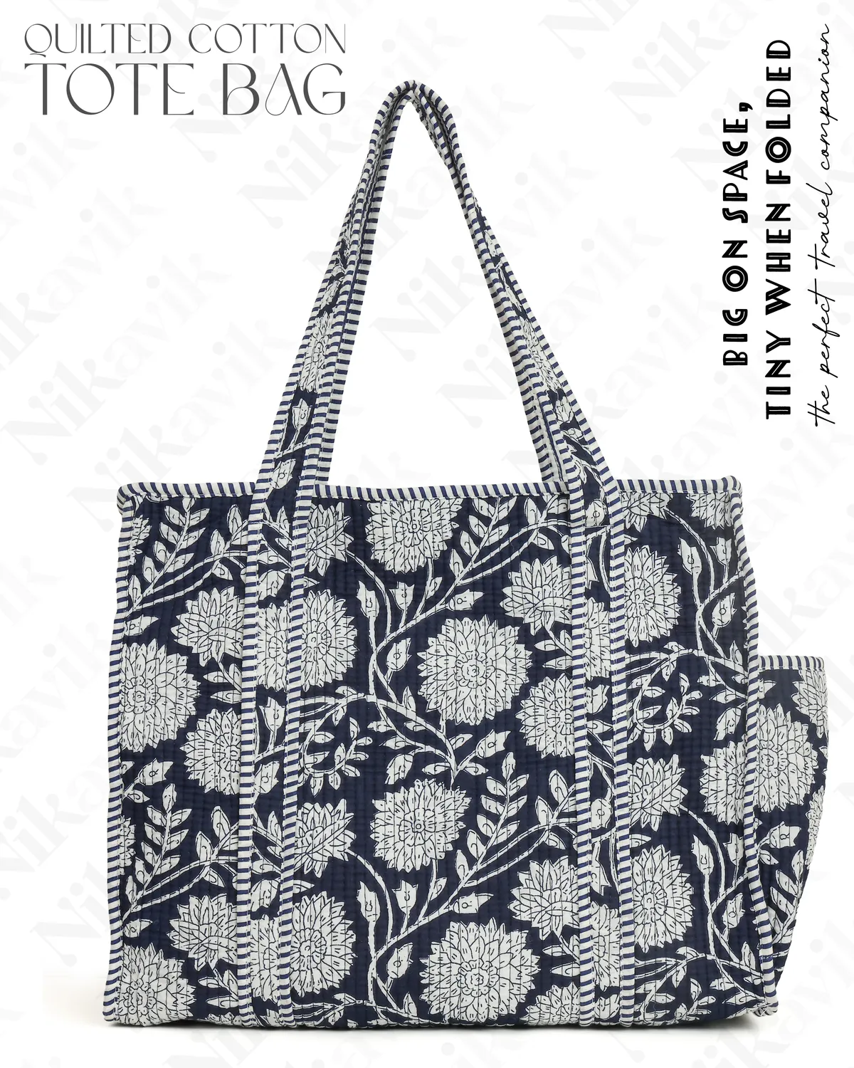 Navy Blue White Cotton Premium & Elegant Hand Block Print Quilted Tote Bag With 3 Pouches Set For Women (Set Of 4) - Image 5
