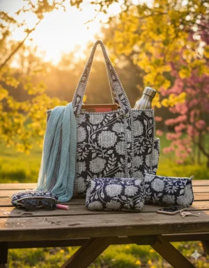 Navy Blue White Cotton Premium & Elegant Hand Block Print Quilted Tote Bag With 3 Pouches Set For Women (Set Of 4)