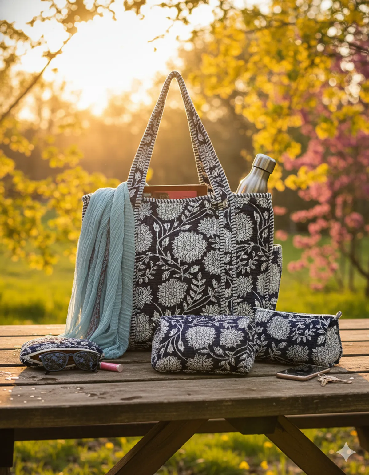 Navy Blue White Cotton Premium & Elegant Hand Block Print Quilted Tote Bag With 3 Pouches Set For Women (Set Of 4)