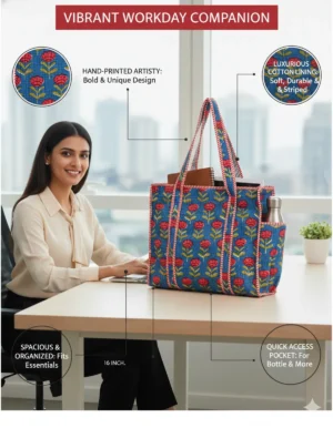 Blue Red Cotton Premium & Elegant Floral Hand Block Print Quilted Tote Bag For Women