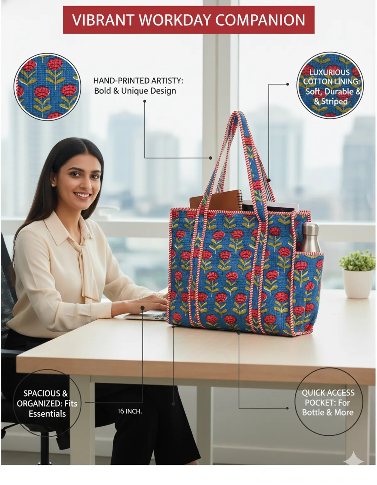 Blue Red Cotton Premium & Elegant Floral Hand Block Print Quilted Tote Bag For Women