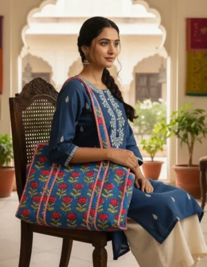 Alternative view of Blue Red Cotton Premium & Elegant Floral Hand Block Print Quilted Tote Bag For Women