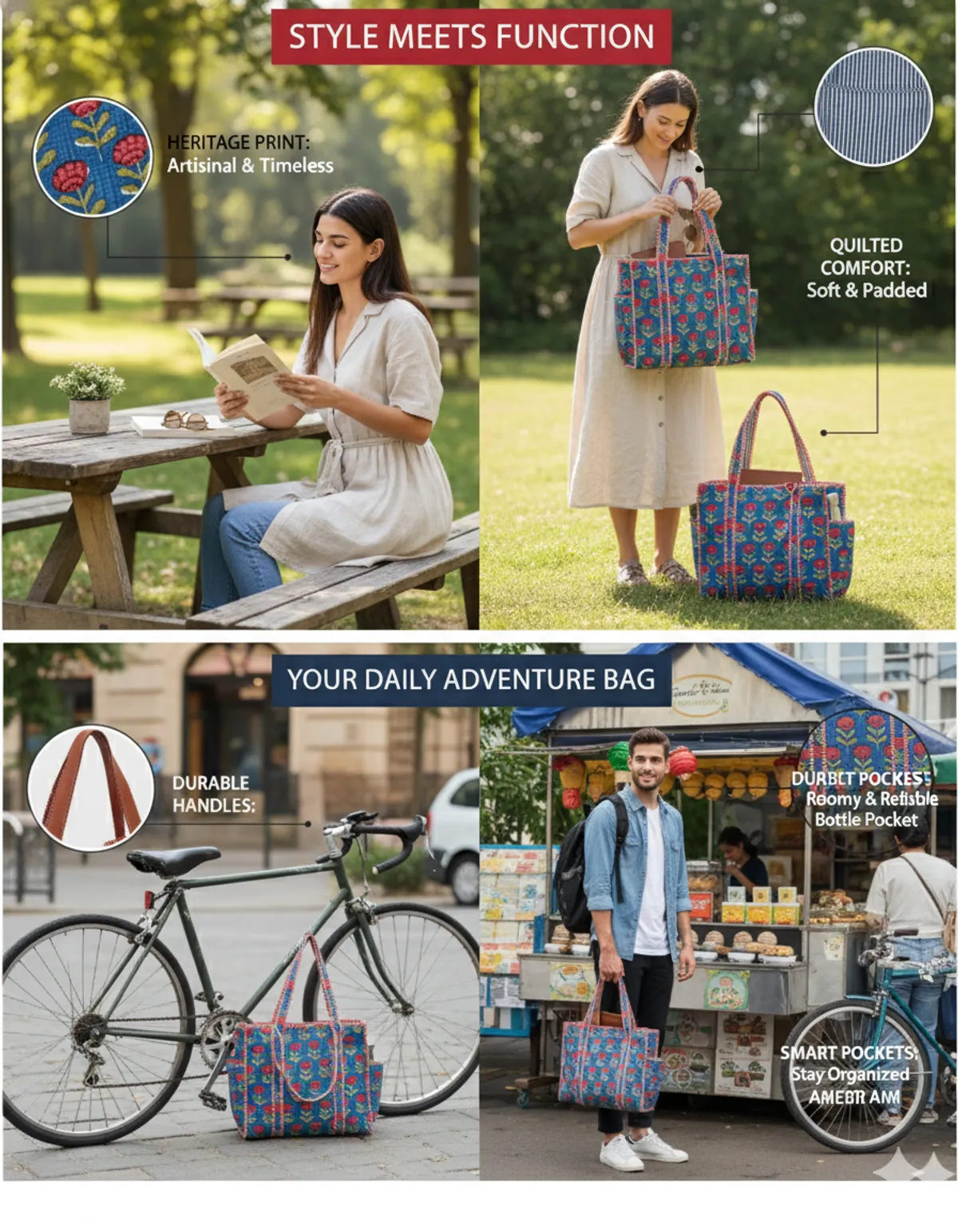 Blue Red Cotton Premium & Elegant Floral Hand Block Print Quilted Tote Bag For Women - Image 8