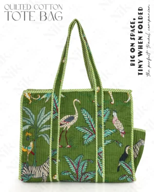 Green Cotton Premium & Elegant Exotic Animal Print Quilted Tote Bag For Women