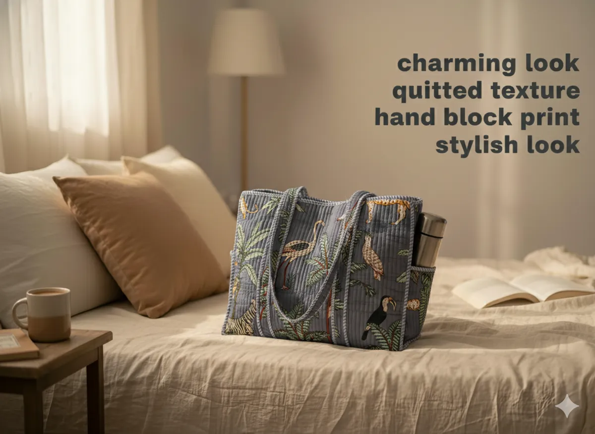 Grey Cotton Premium & Elegant Hand Block Print Quilted Tote Bag With 3 Pouches Set For Women (Set Of 4) - Image 4