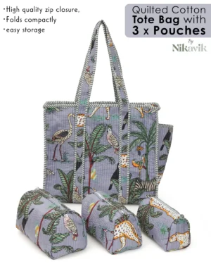 Alternative view of Grey Cotton Premium & Elegant Hand Block Print Quilted Tote Bag With 3 Pouches Set For Women (Set Of 4)