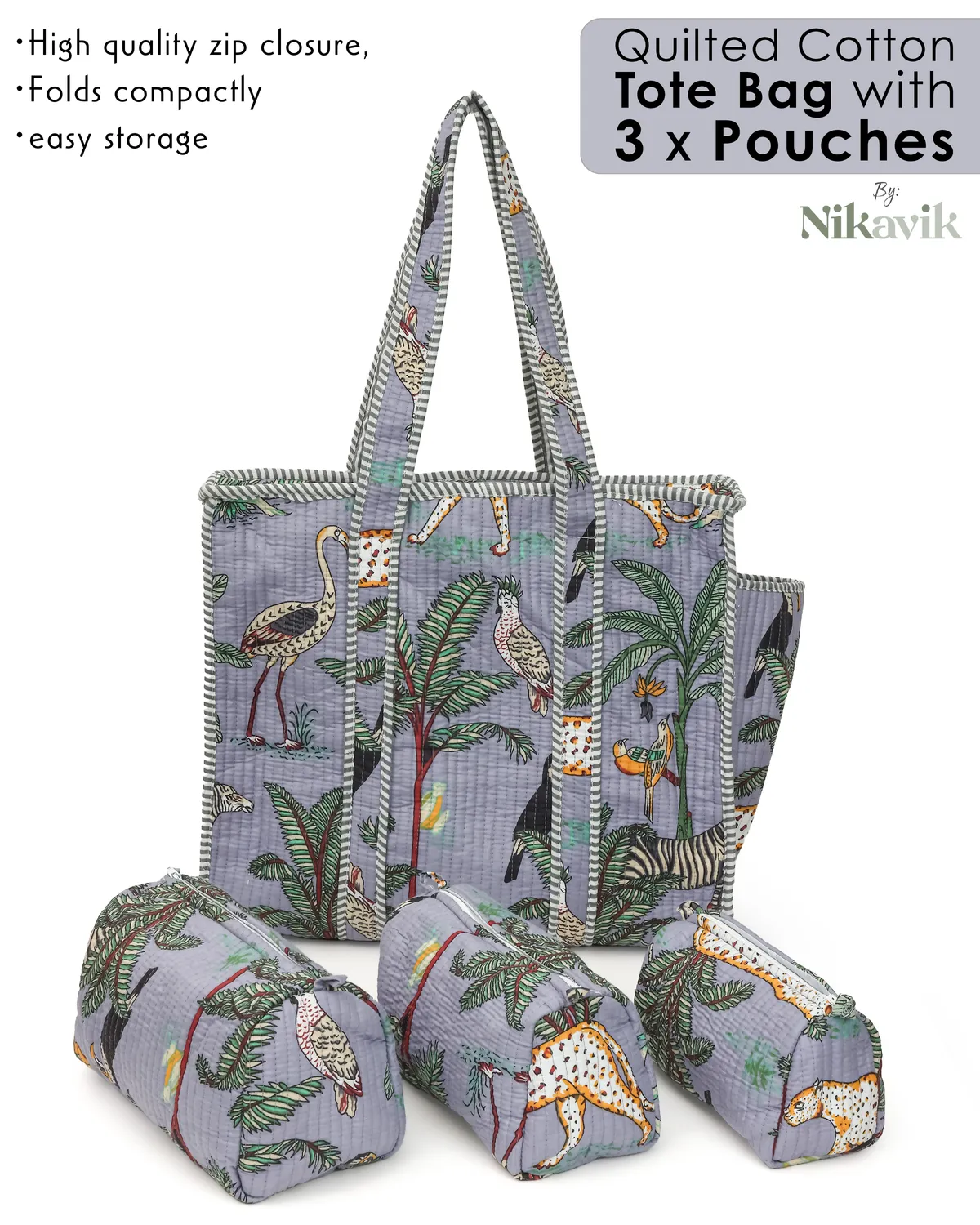 Grey Cotton Premium & Elegant Hand Block Print Quilted Tote Bag With 3 Pouches Set For Women (Set Of 4) - Image 2