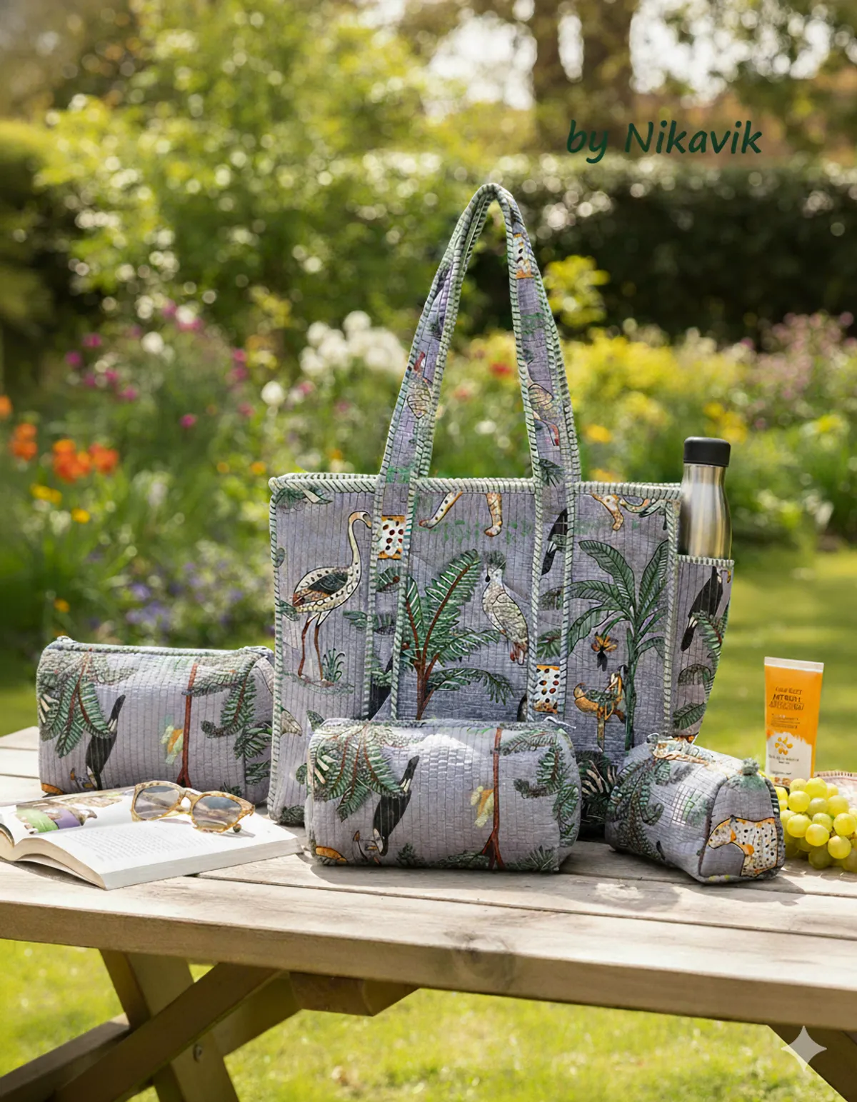 Grey Cotton Premium & Elegant Hand Block Print Quilted Tote Bag With 3 Pouches Set For Women (Set Of 4)