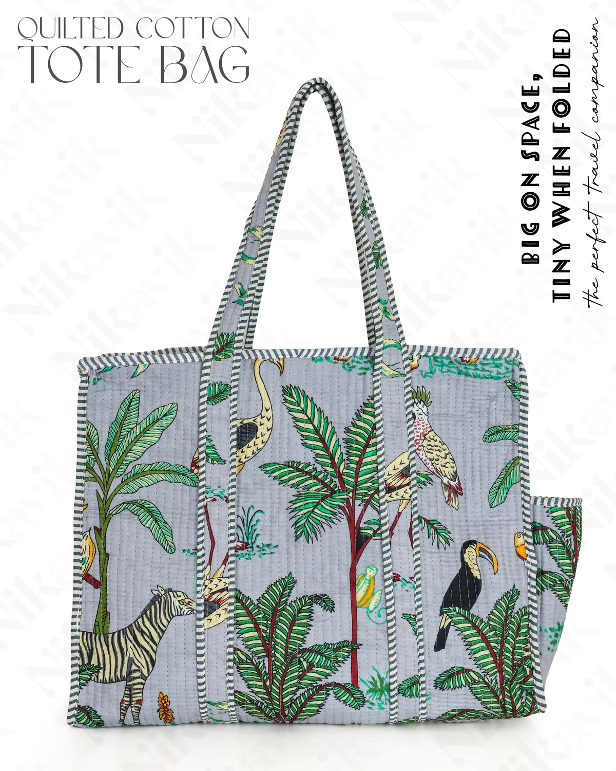 Grey Cotton Premium & Elegant Hand Block Print Quilted Tote Bag With 3 Pouches Set For Women (Set Of 4) - Image 7