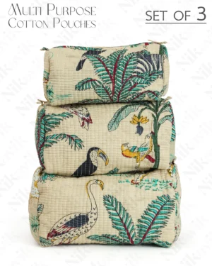 Beige Cotton Premium & Elegant Printed Quilted Cosmetic Pouch Set For Unisex (Set Of 3)