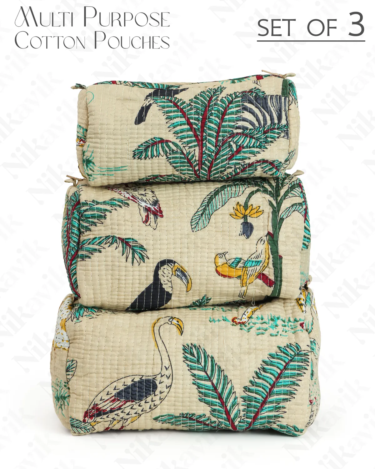 Beige Cotton Premium & Elegant Printed Quilted Cosmetic Pouch Set For Unisex (Set Of 3)