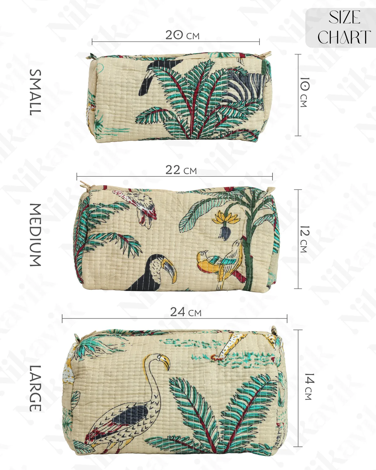 Beige Cotton Premium & Elegant Printed Quilted Cosmetic Pouch Set For Unisex (Set Of 3) - Image 2