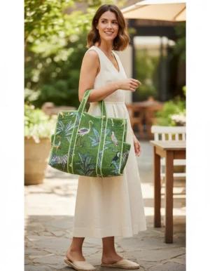 Alternative view of Green Cotton Premium & Elegant Exotic Animal Print Quilted Tote Bag For Women