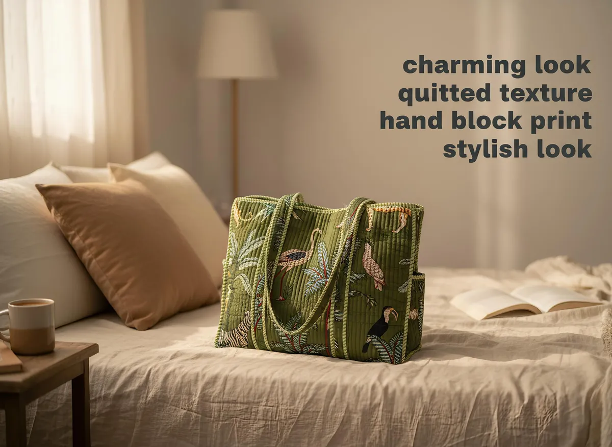 Green Cotton Premium & Elegant Exotic Animal Print Quilted Tote Bag For Women - Image 7