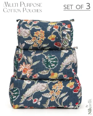 Blue Cotton Premium & Elegant Printed Quilted Cosmetic Pouch Set For Unisex