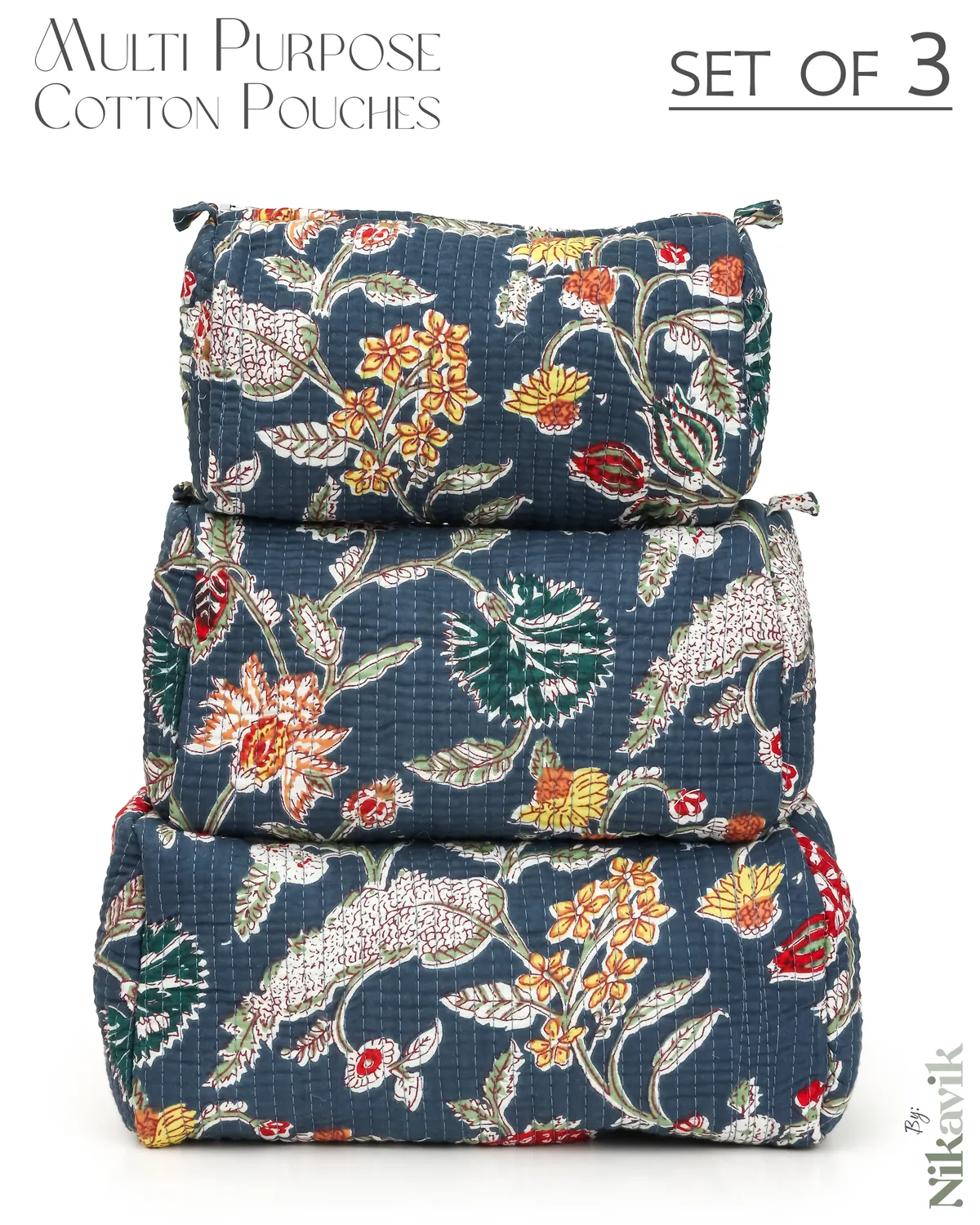Blue Cotton Premium & Elegant Printed Quilted Cosmetic Pouch Set For Unisex