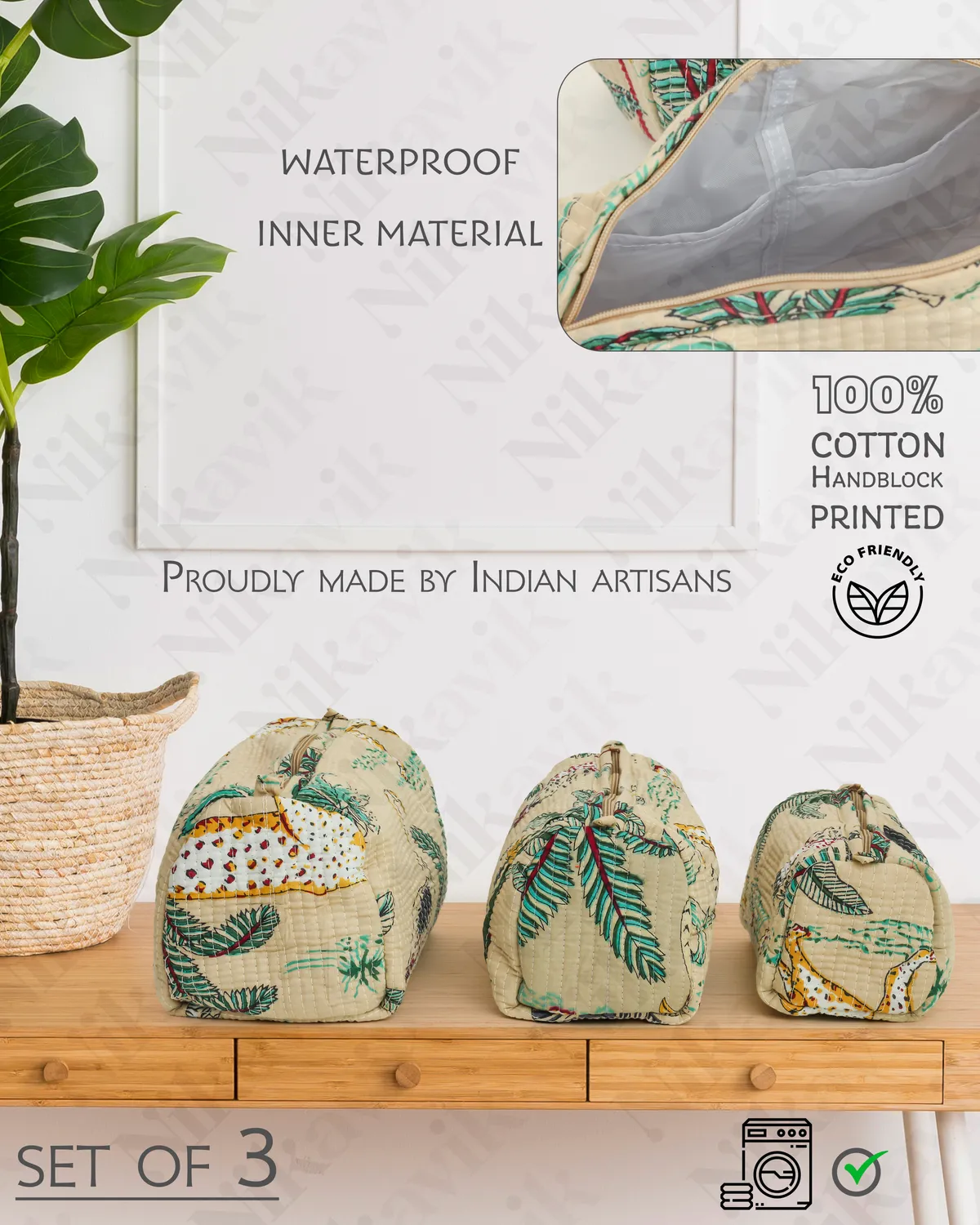 Beige Cotton Premium & Elegant Hand Block Print Quilted Tote Bag With 3 Pouches Set For Women (Set Of 4) - Image 6